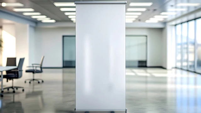 Rollup-banner som står i et kontorlandskap
